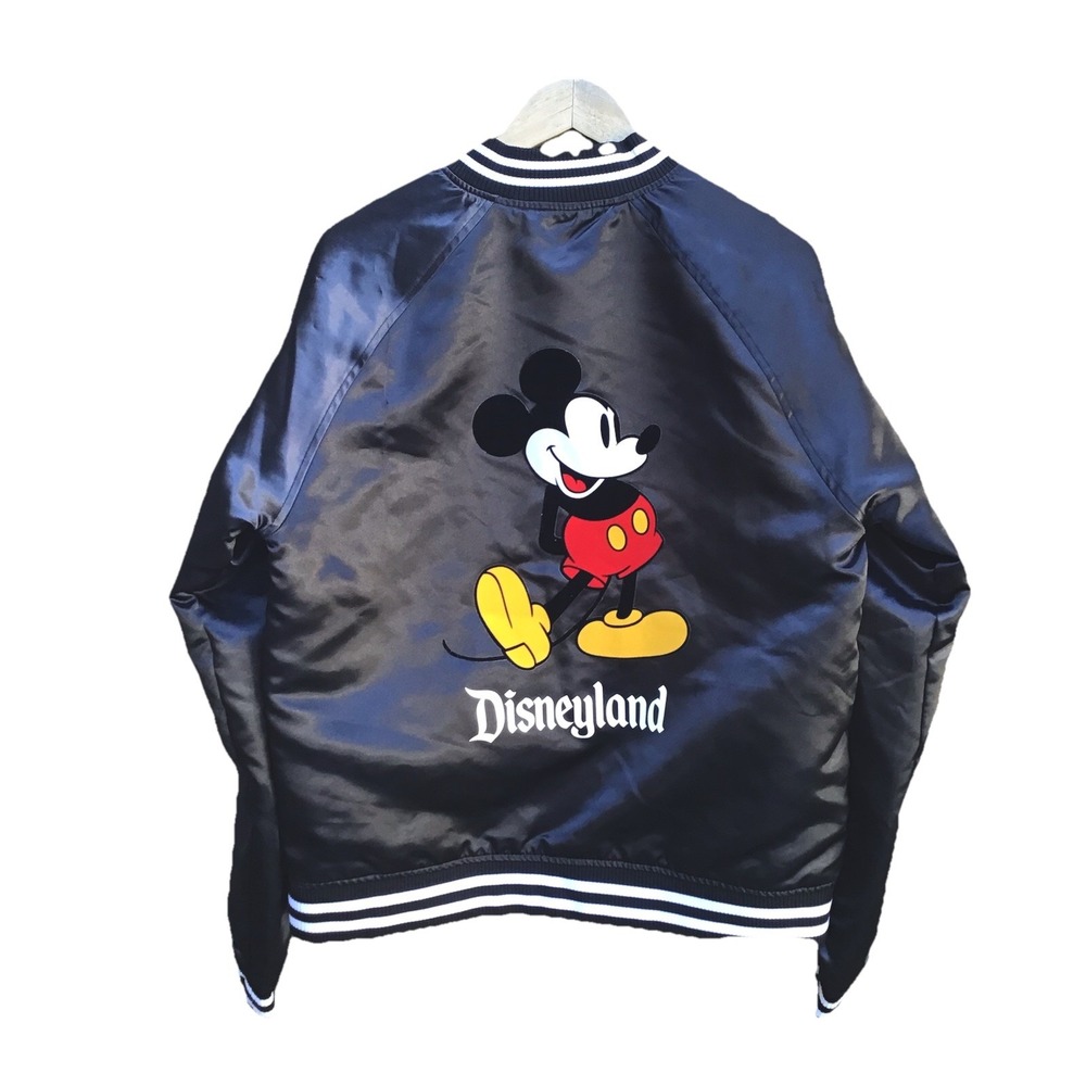 Disneyland Mickey Mouse Black Satin Varsity Bomber Jacket Size Medium